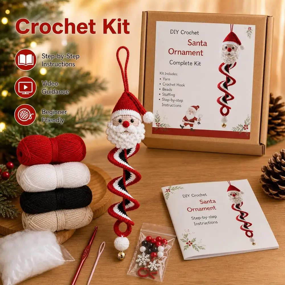 DIY Crochet Kit Christmas Snowman Spiral Ornament Beginner Friendly Knitting Yarn Hook Handcraft Xmas Tree Hanging Craft Gifts