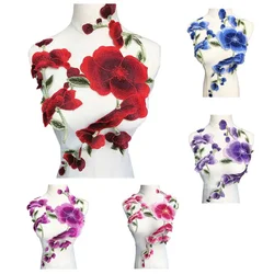 2PCS Embroidered Flowers Trims Fabric Red Blue Peony Wedding Appliques Ribbon Edge DIY Trimmings Patch For Bridal Dress Jeans