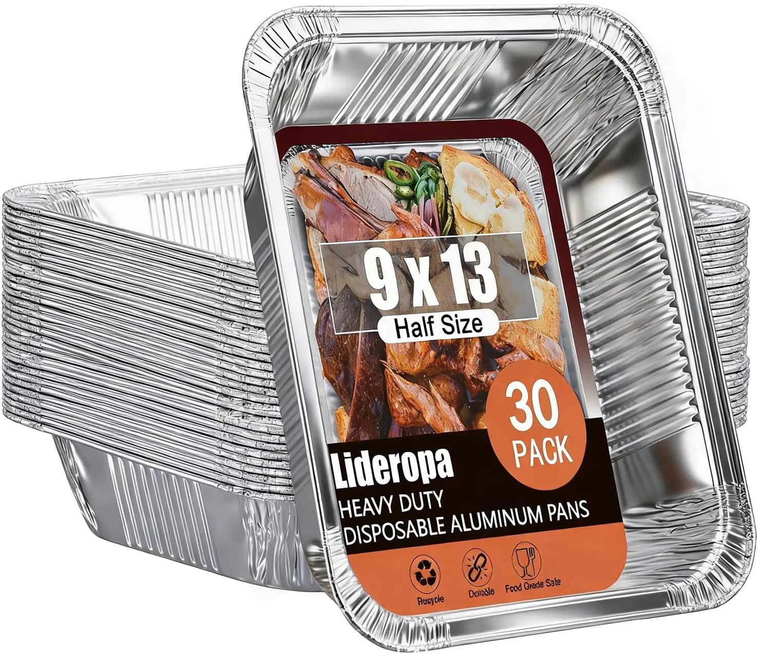 

9x13 Aluminum Pans (30 Pack) - Disposable Half Size Foil Pans for Cooking, Baking, Meal Prep & Storage