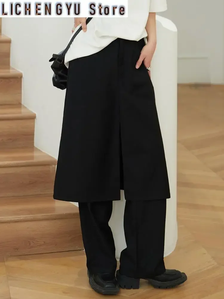 

High Elastic Waist Black Double Layers Long Wide Leg Pants New Loose Fit Trousers Women Fashion Spring Autumn