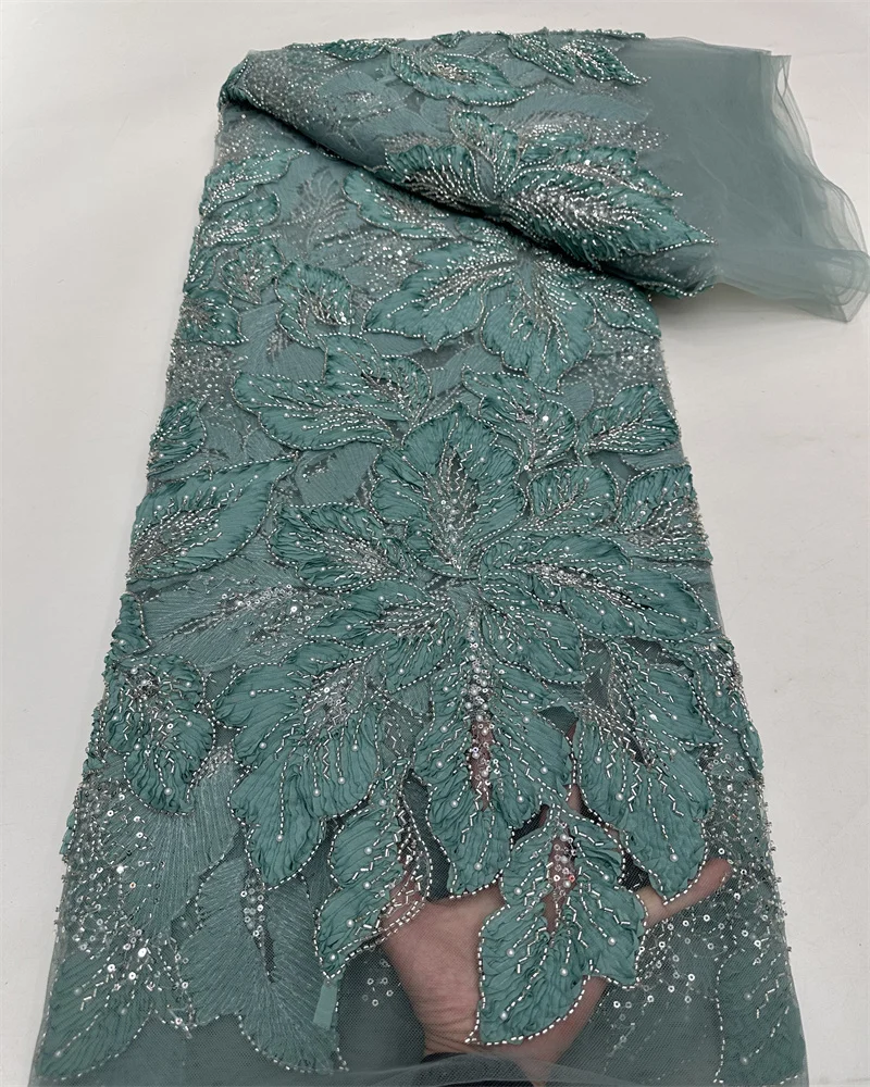 5 Yard African Sequins Lace Fabric 2025 High Quality Lace Embroidery Beaded Mesh Fabric For Women Wedding Party Dress