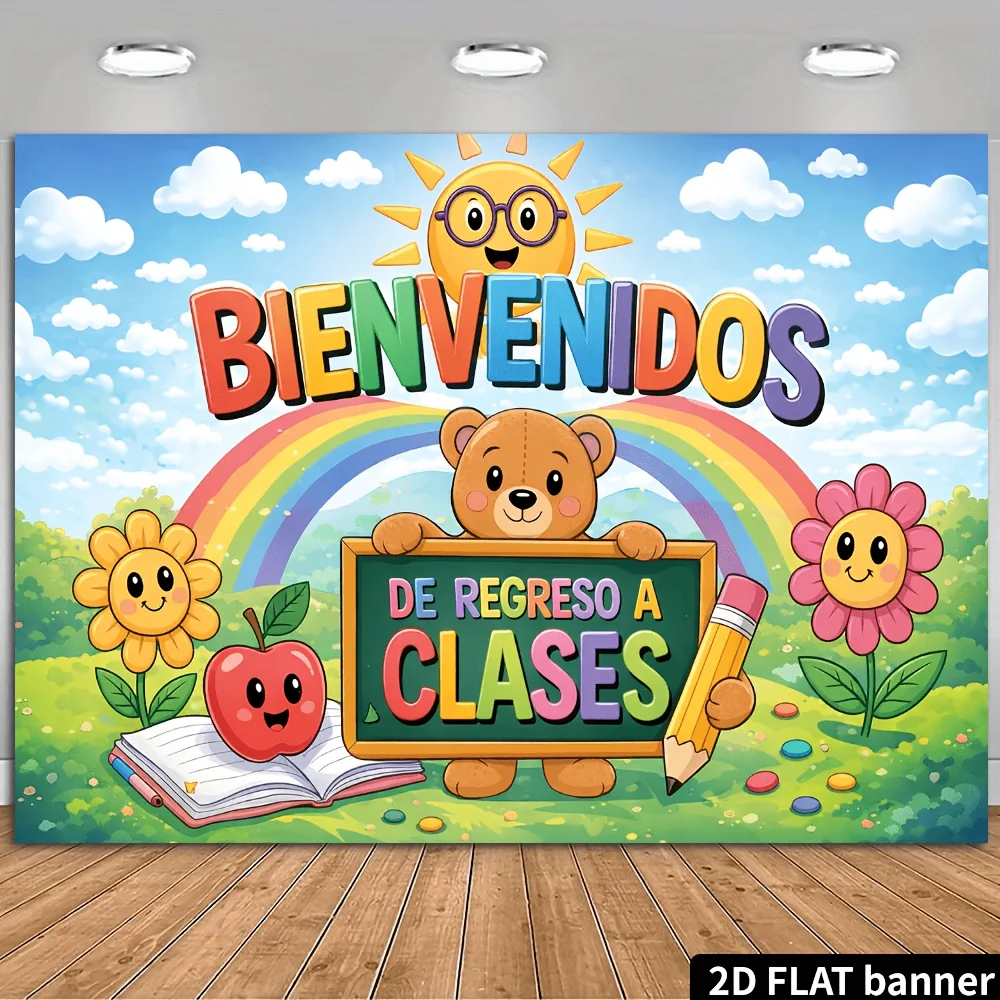 2D Flat - Spanish-Themed Back-To-School Backdrop Featuring Cartoon Bear Blackboard Flowers Books And Pencils. High-Definition Pr