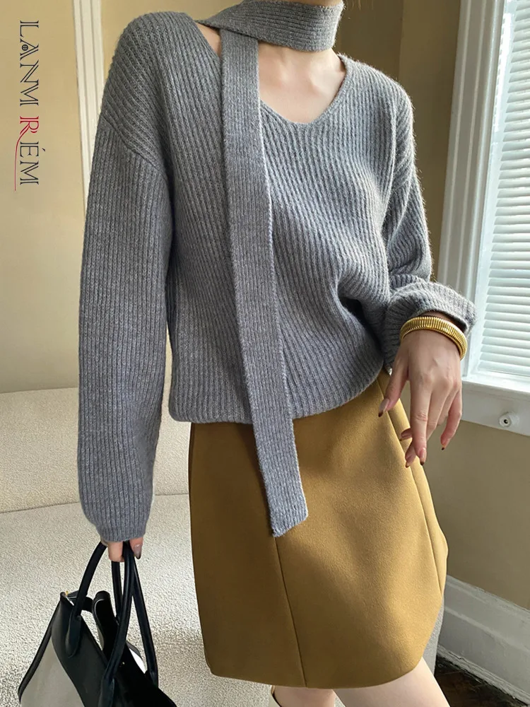 [LANMREM] Fashion V-neck Ribbon Knited Pullover Women's 2025 Spring New Long Sleeves Solid Color Elegant Sweaters Versatile