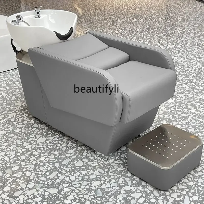 Silla de champú para barbería, cama de champú para salón, Spa, lavabo de cerámica tumbado por la mitad