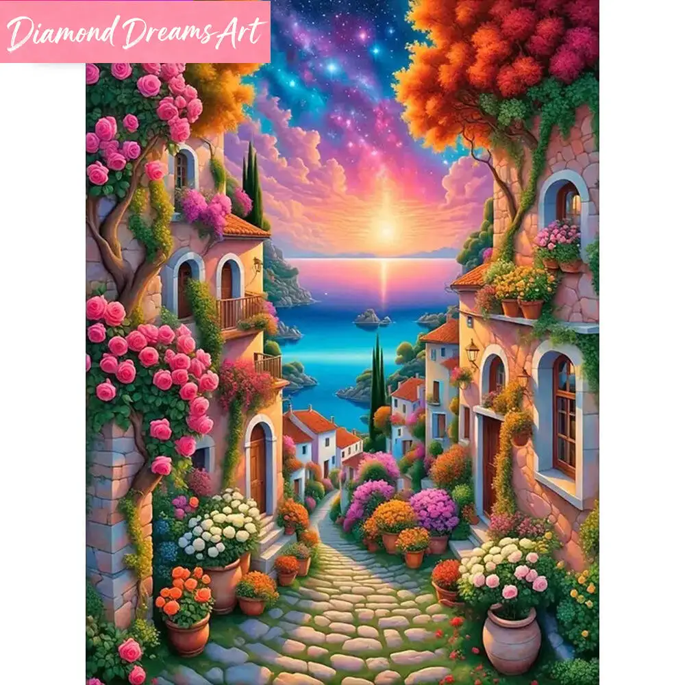 Rahmenloses Diamant-Stickerei Straßenlandschaft Gemälde Hausbild mit Strasssteinen Stadt Diamant-Mosaik Küste DIY Wanddekoration