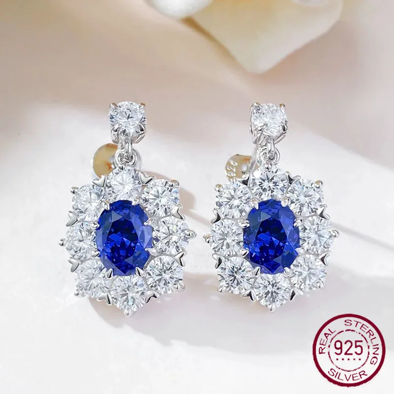 Live New S925 Silver 6 * 8 Oval Tanzanian Blue Earrings Women's Fashion Colorful Treasure Earrings