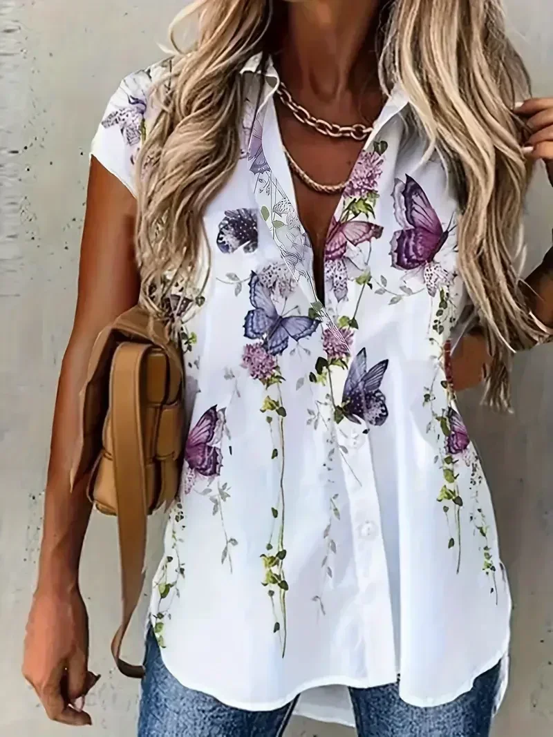 حجم كبير 1XL-5XL الخريف جديد المرأة موضة فراشة طباعة بلوزة قميص السيدات عادية كم قصير أزرار بلوزة