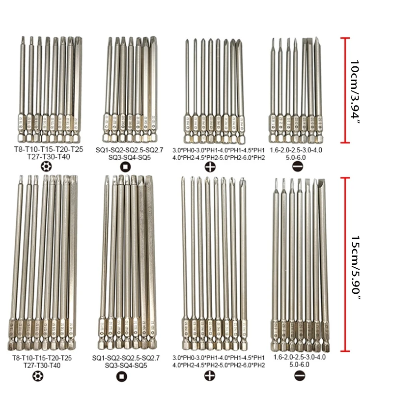 30Pcs 1/4-Inch  Shank Long Screwdriver Bits Set 10/15cm Power Tools Slotted+Cross+Square +Torx Screwdriver Bits