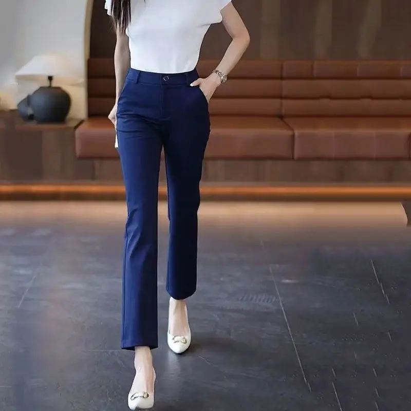 

Spring and Autumn Women's Solid Slim High Waist Pants Button Pockets Commuter Straight Fashion Casual Trouser Suits