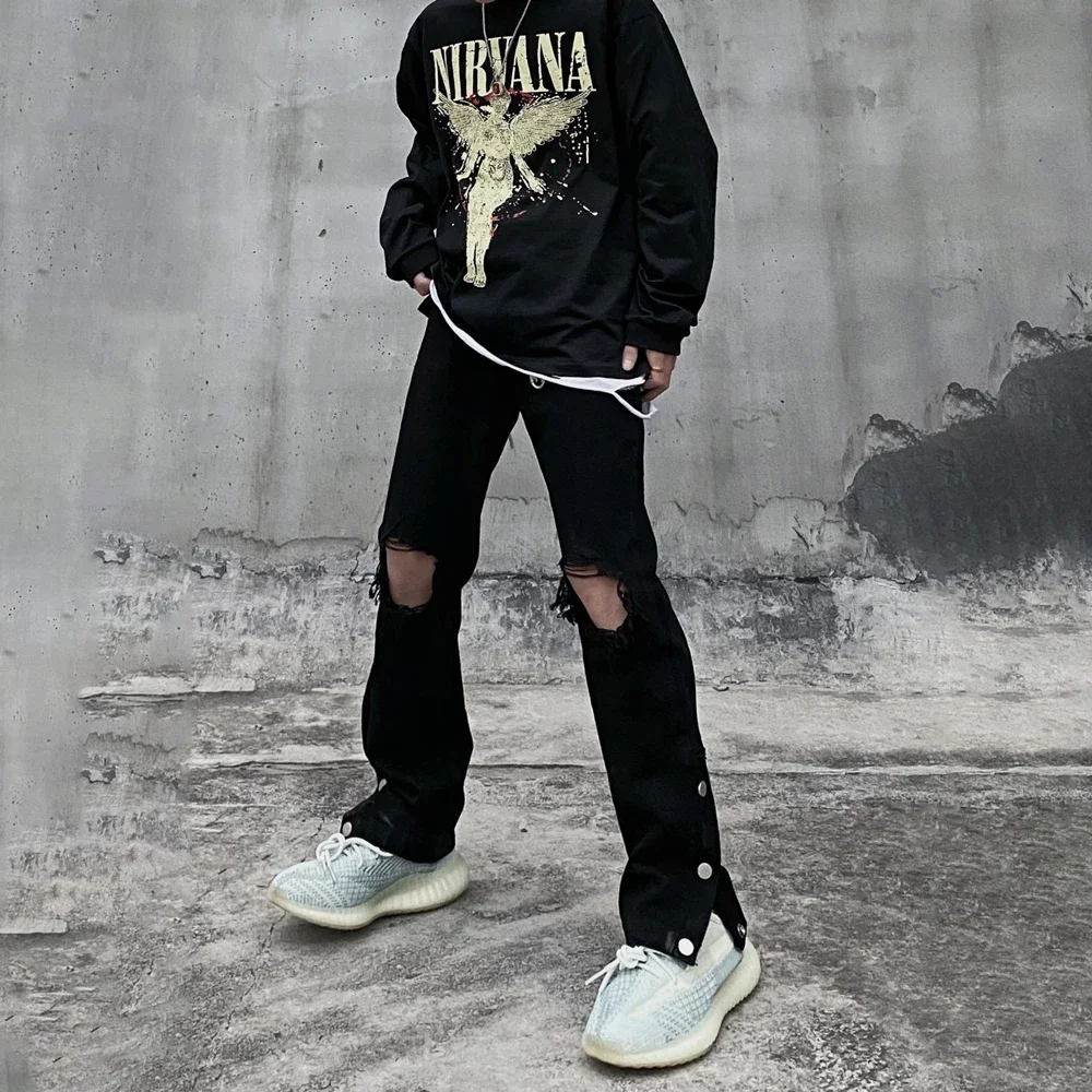 

Ripped Jeans Men Streetwear Black Hole Denim Pants Vintage Young Original Fashion 2024 New Summer Street Casual Trousers Male