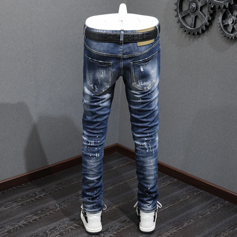Fashion Designer Men Jeans Retro Washed Blue Stretch Skinny Ripped Jeans Men Patched Vintage Denim Pants Hombre Trendy Trousers