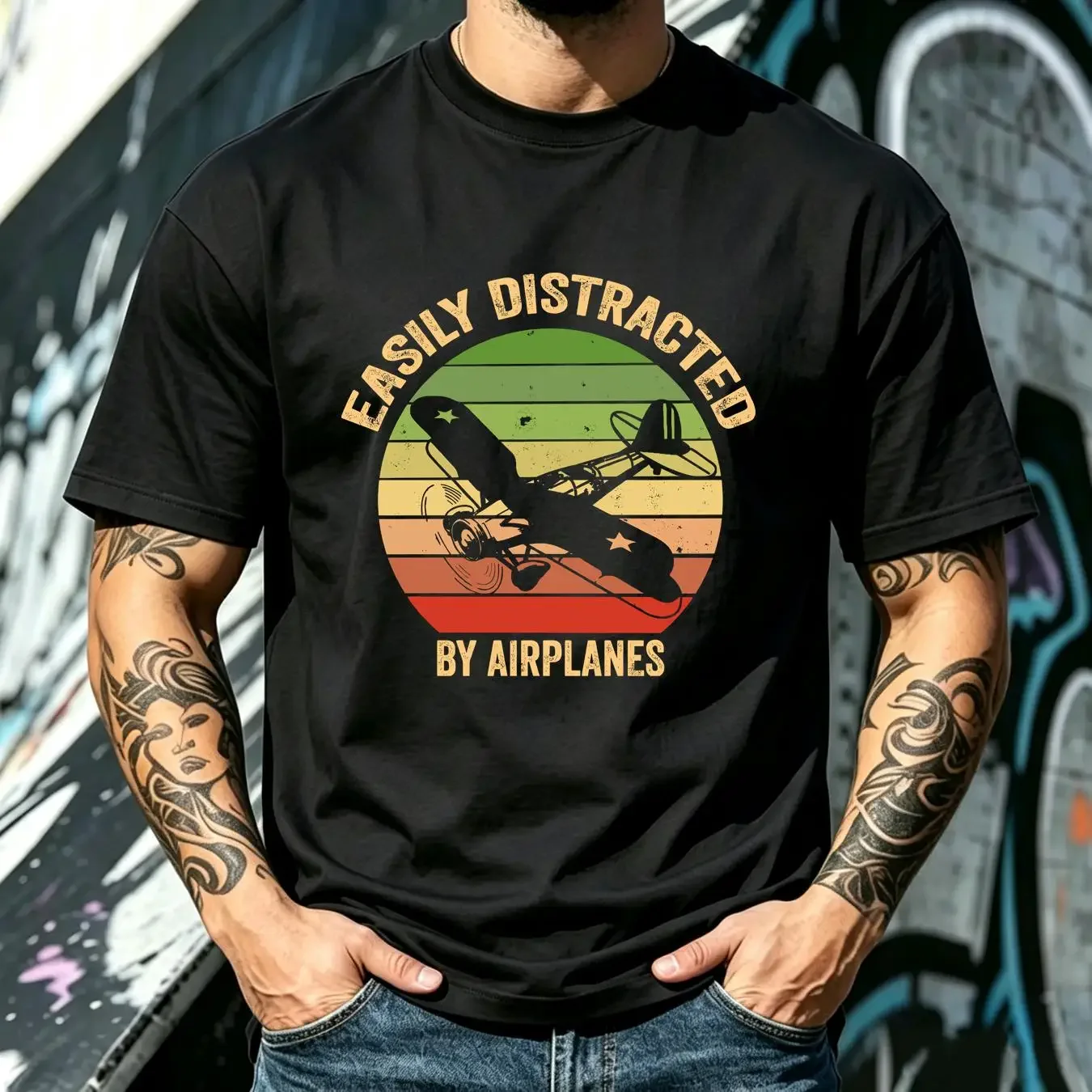 washed T Shirt Easily Distracted by Airplanes Retro Vintage Plane For Pilot Fathers Day Airplane Lover Aviation Funny vintage