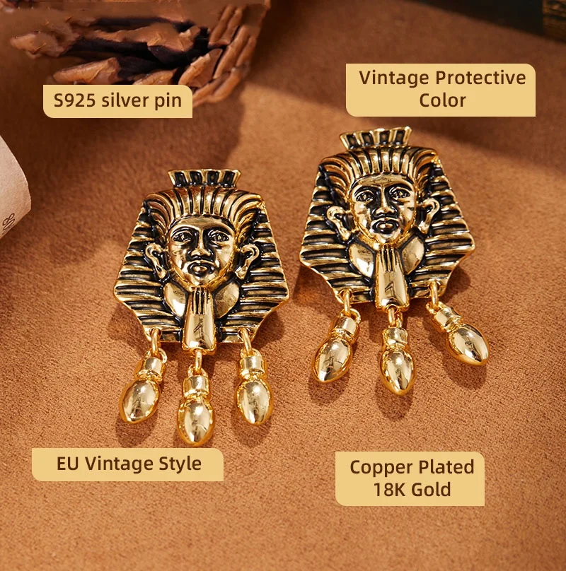 Fraya Vintage King Tutankhamun Earring Retro Egyptian Revival Statement Large Stud Earrings 925 Silver Pin Plated 18K Gold