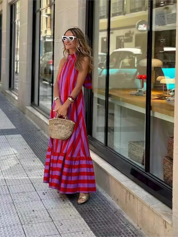 

Sexy Stripe Print Halter Neck Long Dresses Women Summer Fashion Backless Party Leace-up Casual Loose Vacation Dress Vestidos