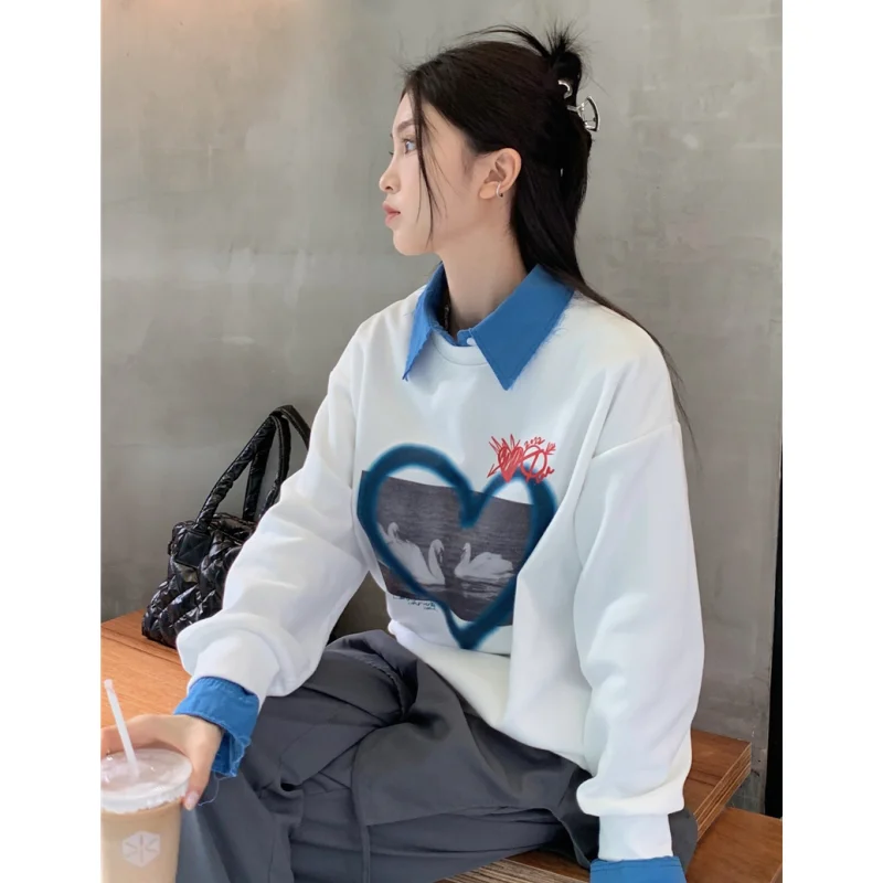 

Blue Women Sweatshirt Round Neck Vintage Letter Long Sleeve Korean Fashion Casual Y2K Style 2023 NEW Autumn Female White Tops