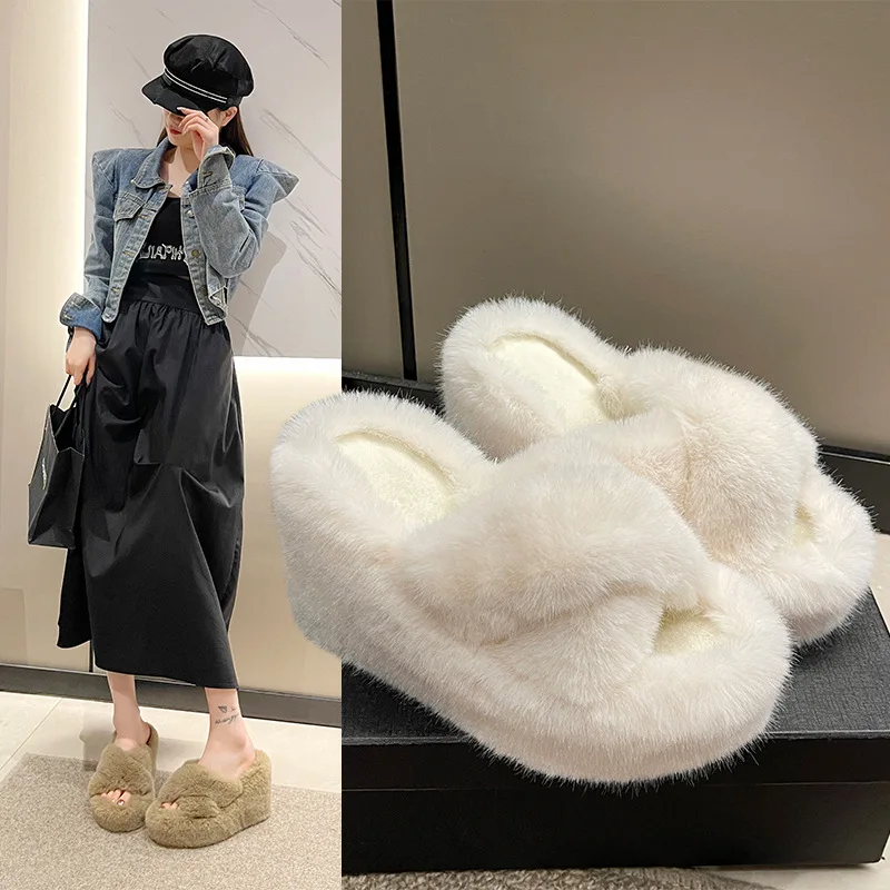 Woman Winter Shoes Chunky Wedges Slippers Shoes for Winter 2024 New Female Warm Fur Slippers On High Heel