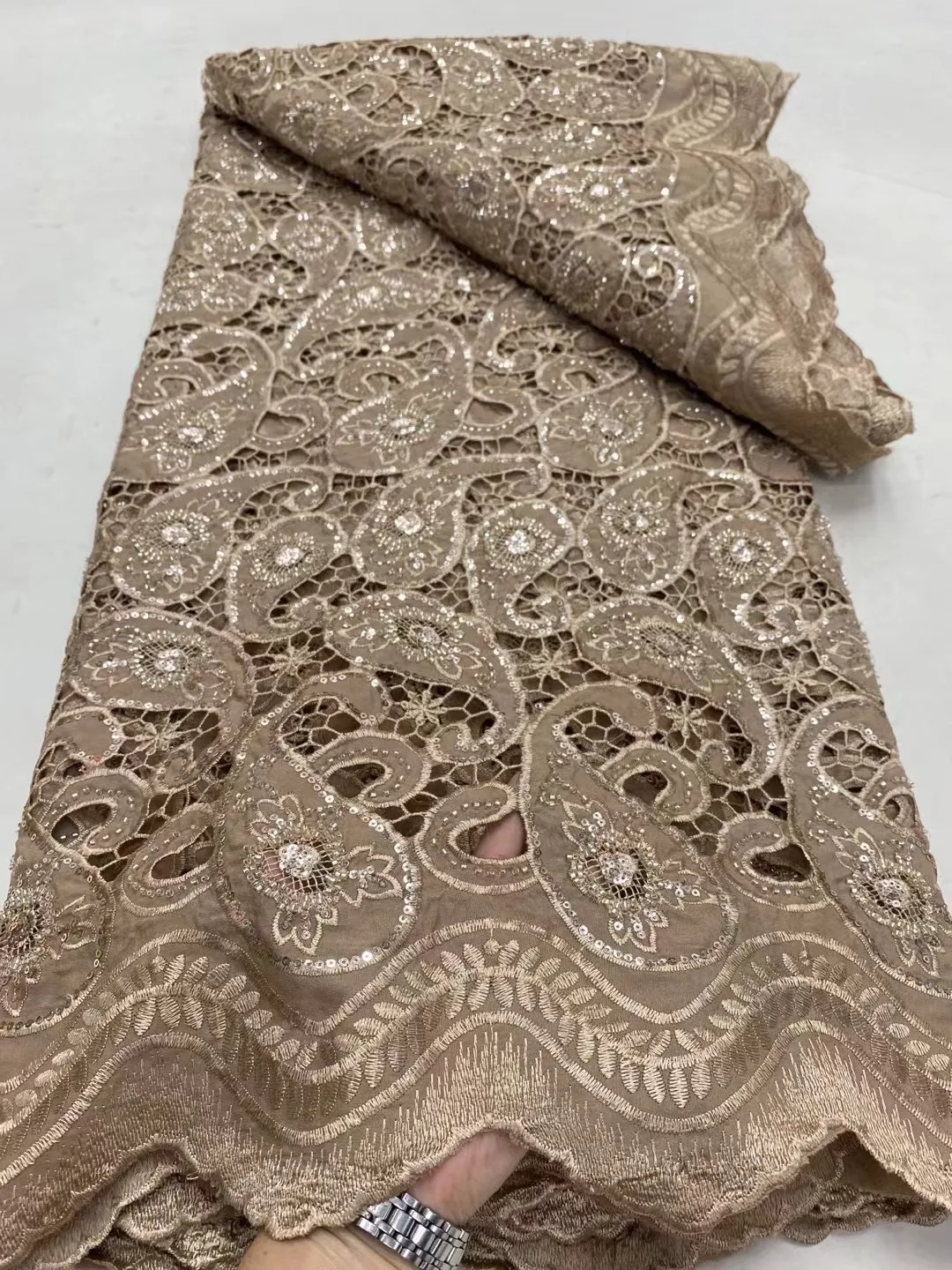 2024 Pure Color 5 yards High Quality African Sequin Cotton Lace Fabric Women Lace Swiss Voile For Sewing Wedding Dresses DP0319