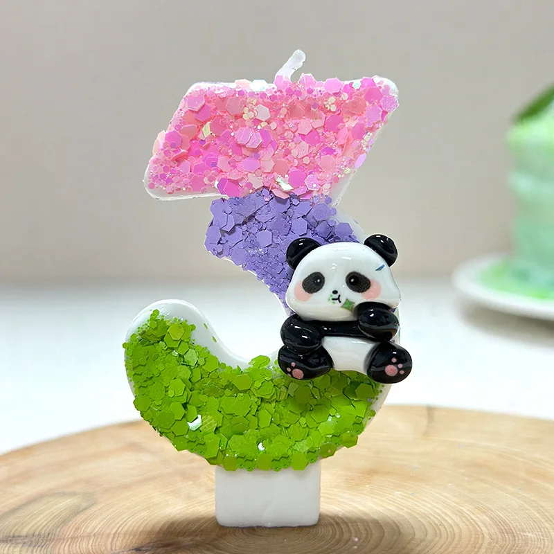 Cute Cartoon Panda Birthday Candles. Green Pink Purple Patchwork Sequined Digital Candles Party Dessert Cake Atmosphere Plugin