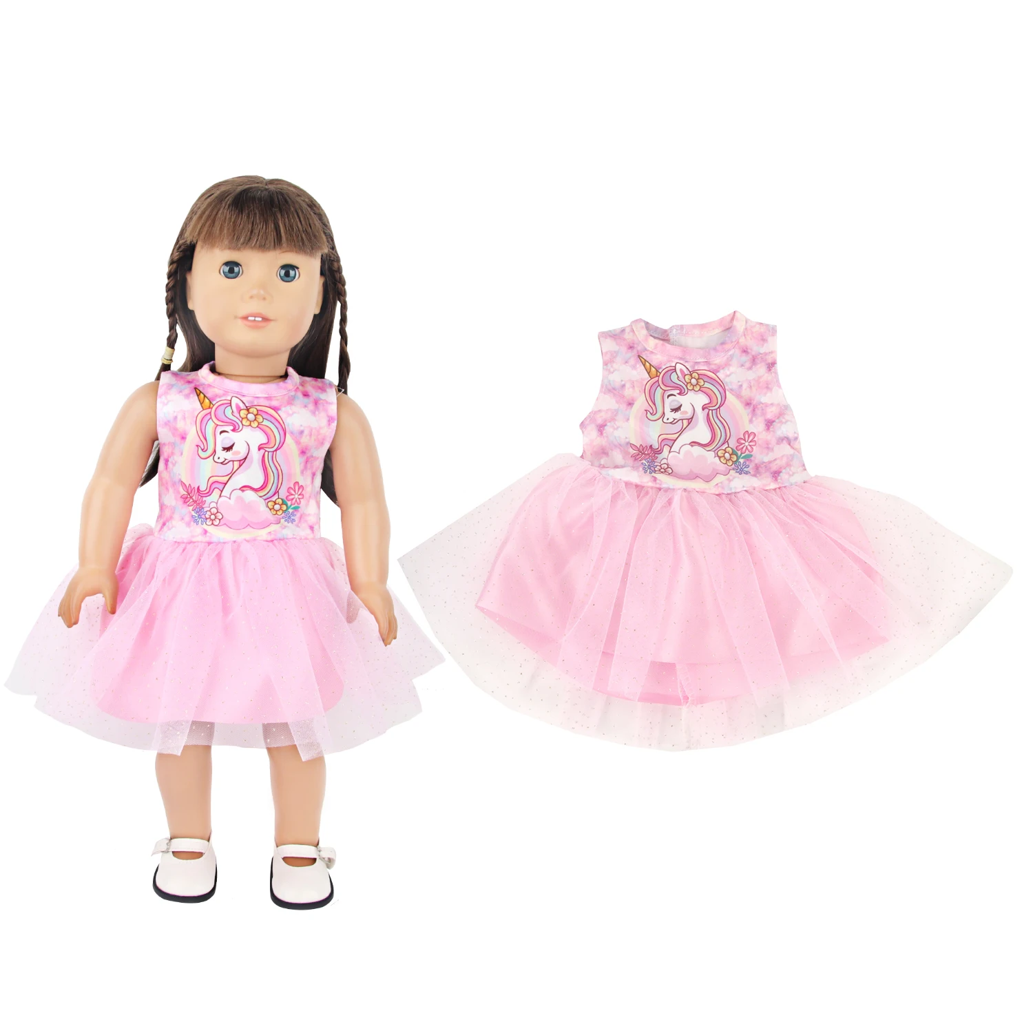 Lovely Double Layered Unicorn Dress Clothes For American 18 Inch Baby Girl Doll Smile Skirts For 43cm Baby New Born Doll DIY Toy