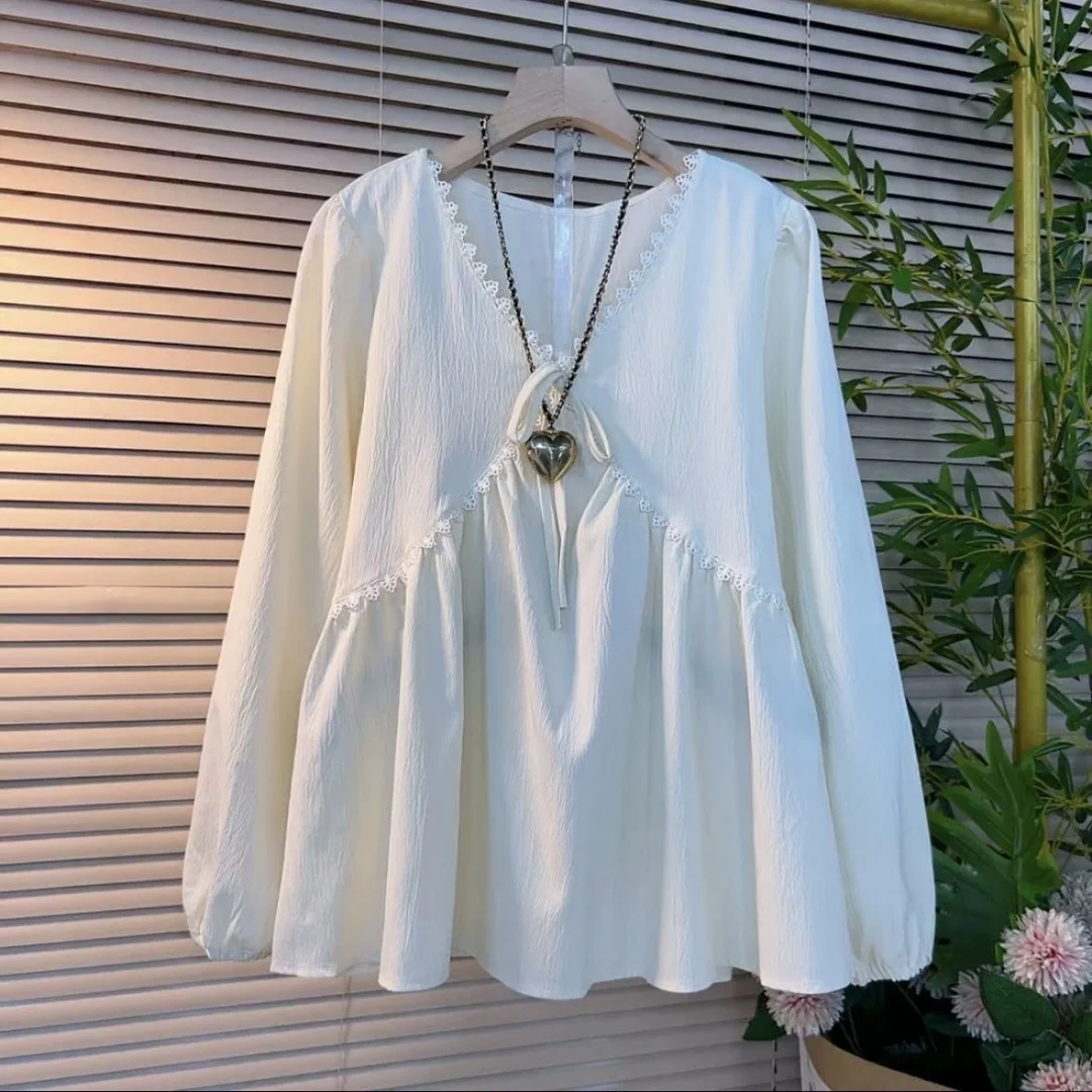 Plus Size Women Clothing Spring Autumn New V-Neck Long Sleeved Shirt&Blouses Solid OL Casual Business Top To Cover The Stomach view 3