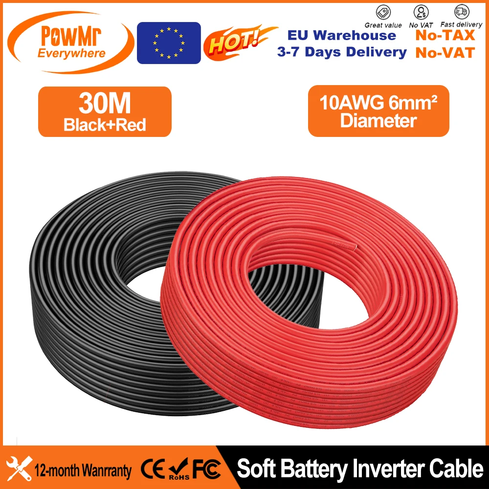 PowMr EU 30M Black Red 10AWG 6mm² Solar Power Cable Wire 328FT PV Photovoltaic Cable TUV Cable With PV Panels Connection Jacket