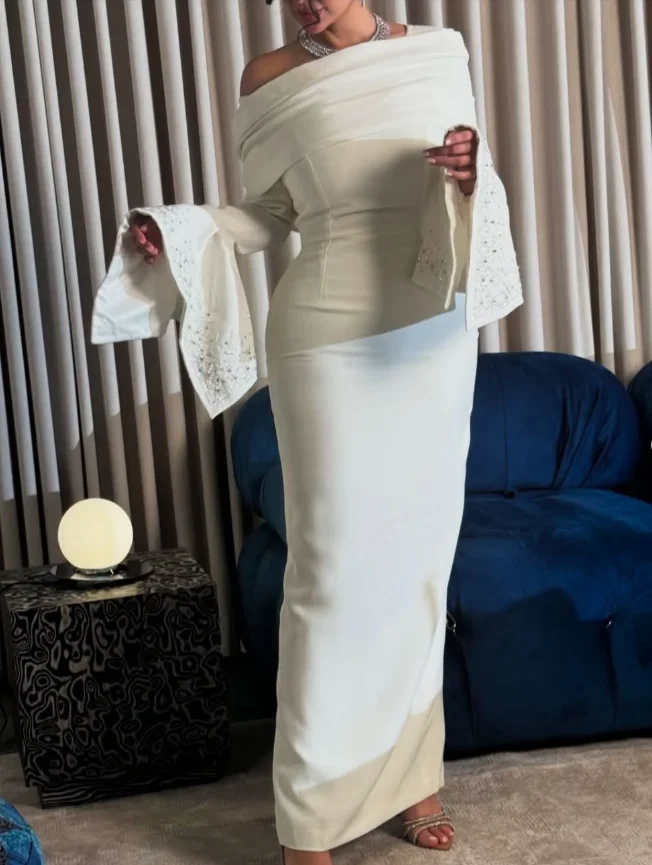 Customized High Quality Floor Length Full Sleeves Wrinkle Zipper Beaded Prom Evening Dresses Women  Abiye Uzun Elbise Modelleri