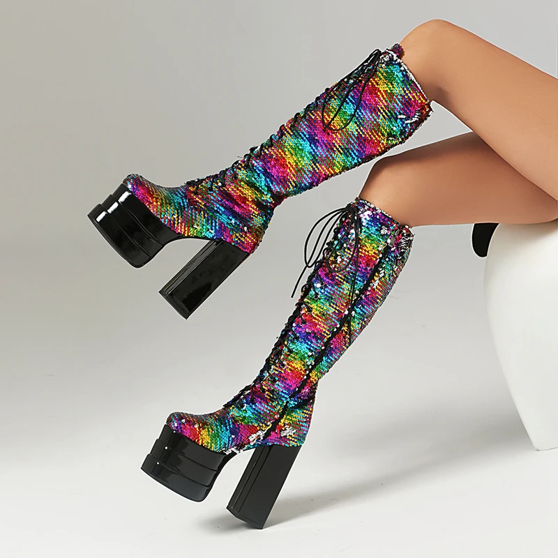 Sequined Women Knee High Boots Lace Up Ladies Platform Thick Bottom Super High Heel Sexy Nightclub Patry Glitter Shoes Wholesale