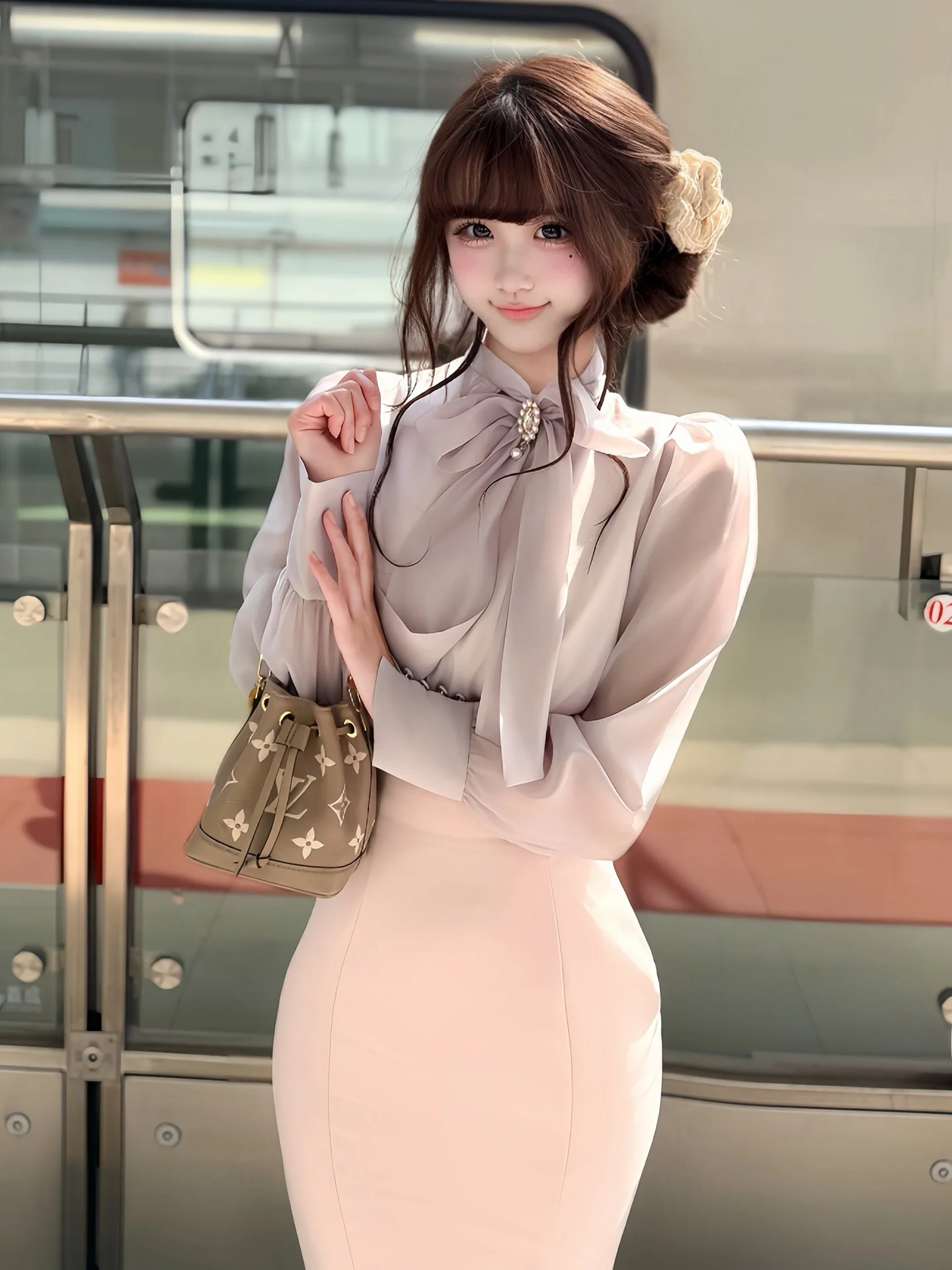 

Sweet Lady Style Knot Tie Two-Way Wear Bubble Sleeve Shirt Women's Top Japanese Early Spring Clear Style Chiffon Bl...