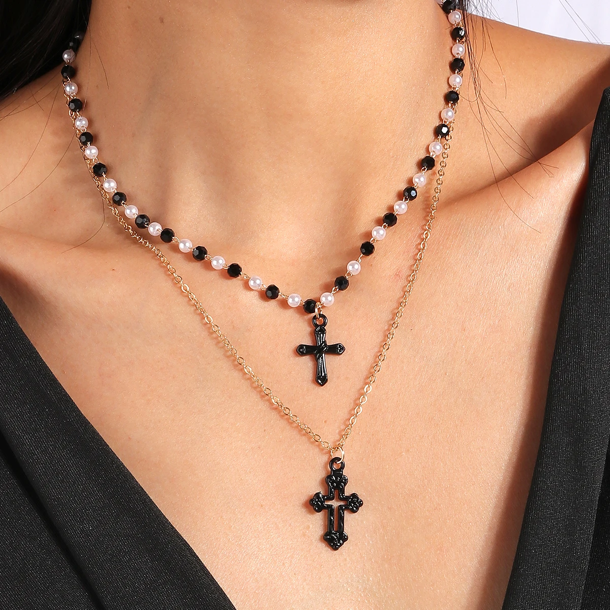 Vintage Kreuz Anhänger Halskette für Frauen Gold Silber Farbe Mehrschichtige Ovale Perlen Kette Halskette Minimalismus Weiblichen Schmuck – Detail 21