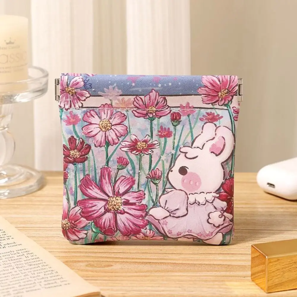 Makeup Bag Pu Leather Mini Cosmetic Bag Print Self-closing Lipstick Storage Bag Flower Automatic Closed Coin Bags Women