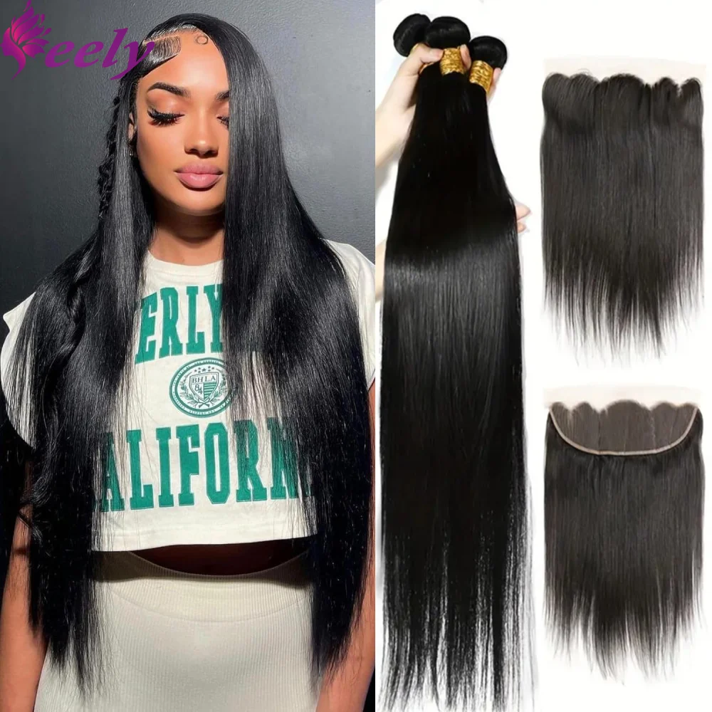 Straight Bundles Human Hair 13x4 Lace Frontal Brazilian Human Hair Bundles With Closure Natural Color Weave Extensions For Woman