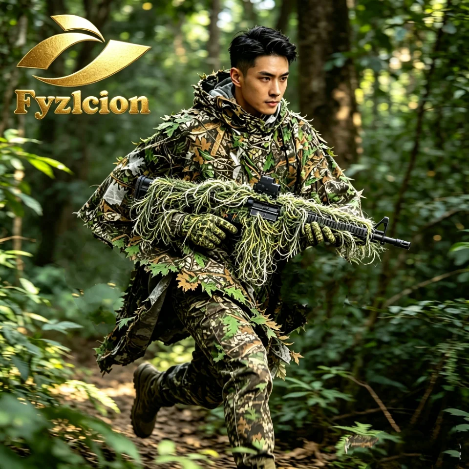 Fyzlcion Ghillie Suit Poncho 3D Leaf Cloak Cover Smock  Camouflage Poncho  Rifle Wrap  Gloves for Hunting Airsoft Wildlife