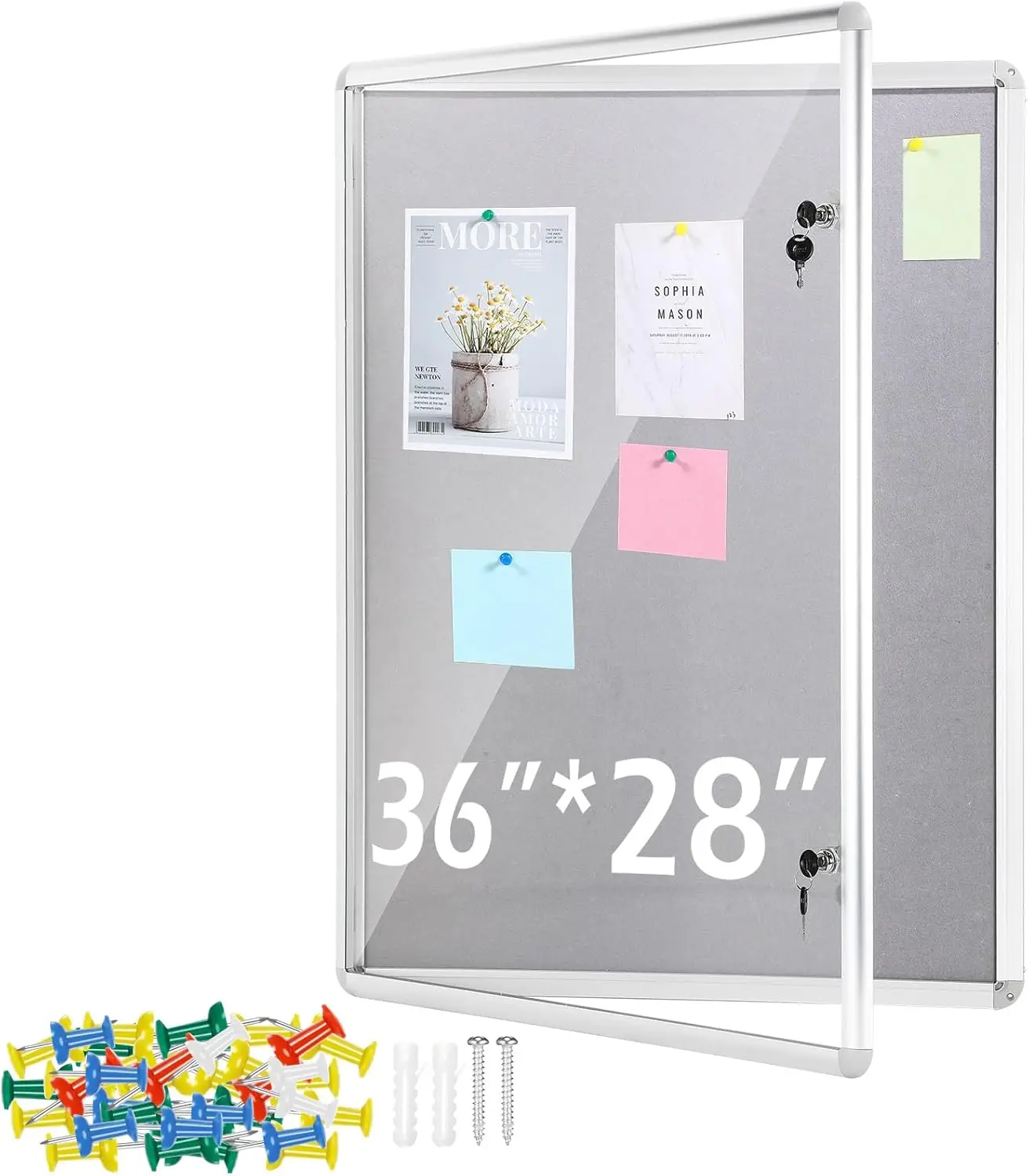 Lockable Outdoor Bulletin Board 36x28" with Glass Door, Weather Resistant Cork Display Case for Office School Community