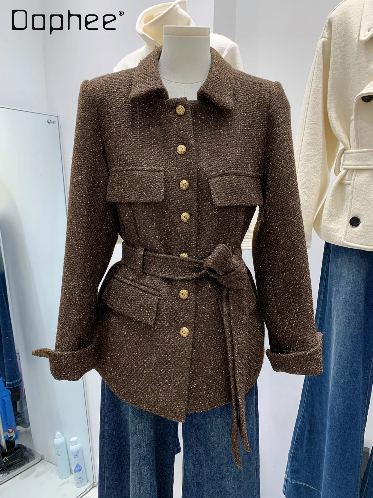 

Winter Fashion Commuter Style Elegant Tweed Coat for Women Turn-Down Collar Single-Breasted Tie-Up Mid-Length Wool Coat Female