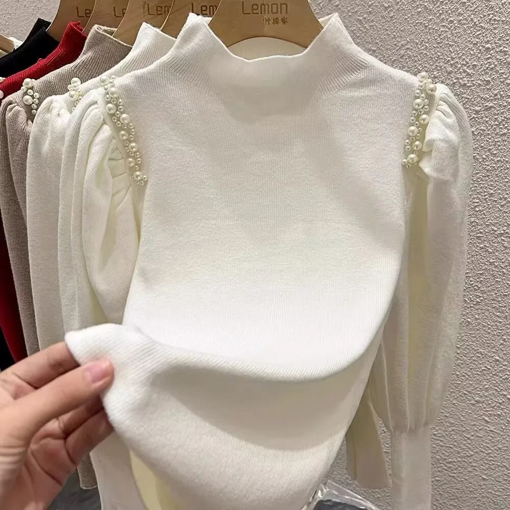 Perlen Puff Sleeve Stricken Pullover Neue Frauen Herbst Winter Mock Neck Basis Shirt Femme Alle-spiel Warme Pullover Koreanische tops 2024