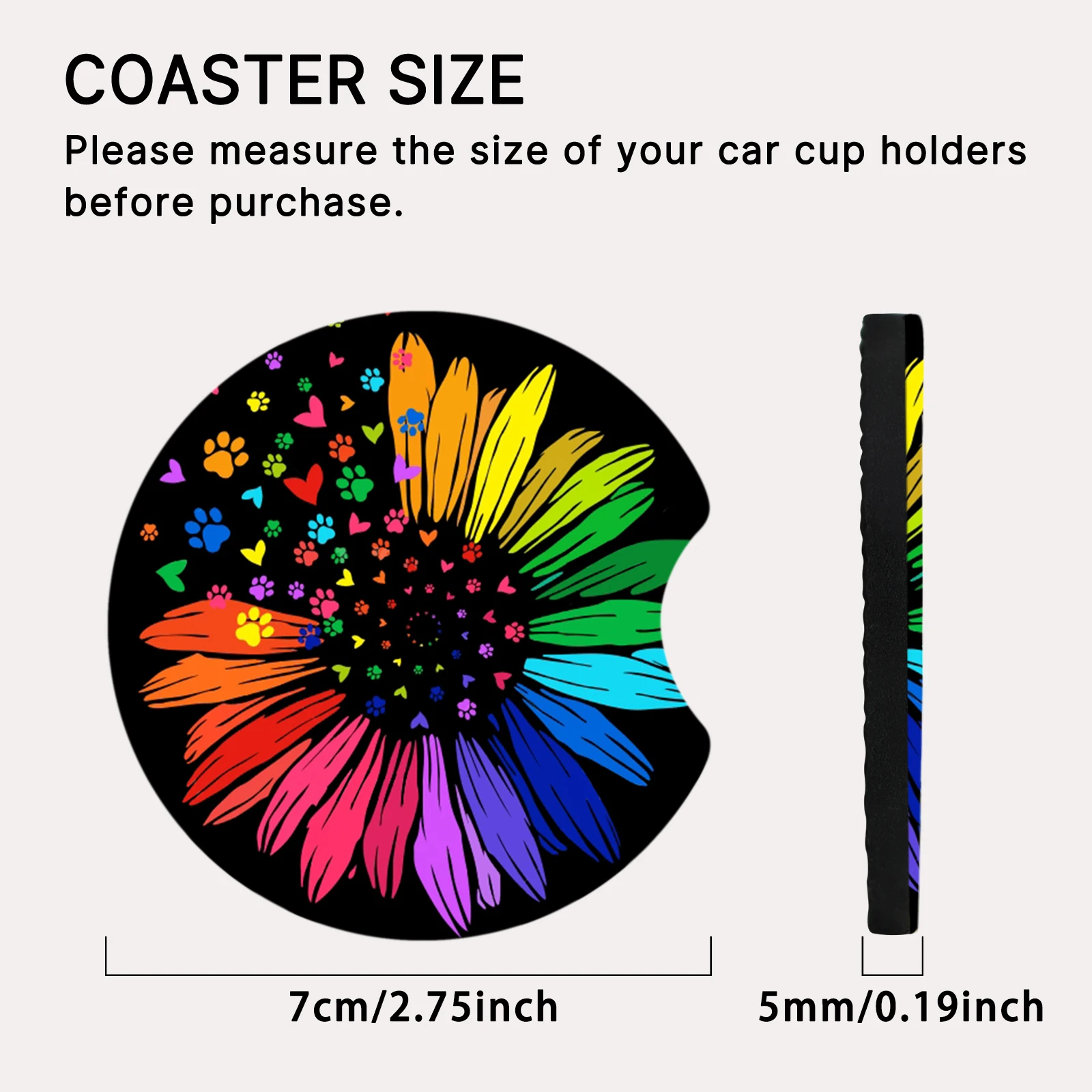 2PCS Sunflower Car Coasters Colorful Non-Slip Durable Water-Absorbent Universal Cup Holder Inserts for Car Interior Accessories