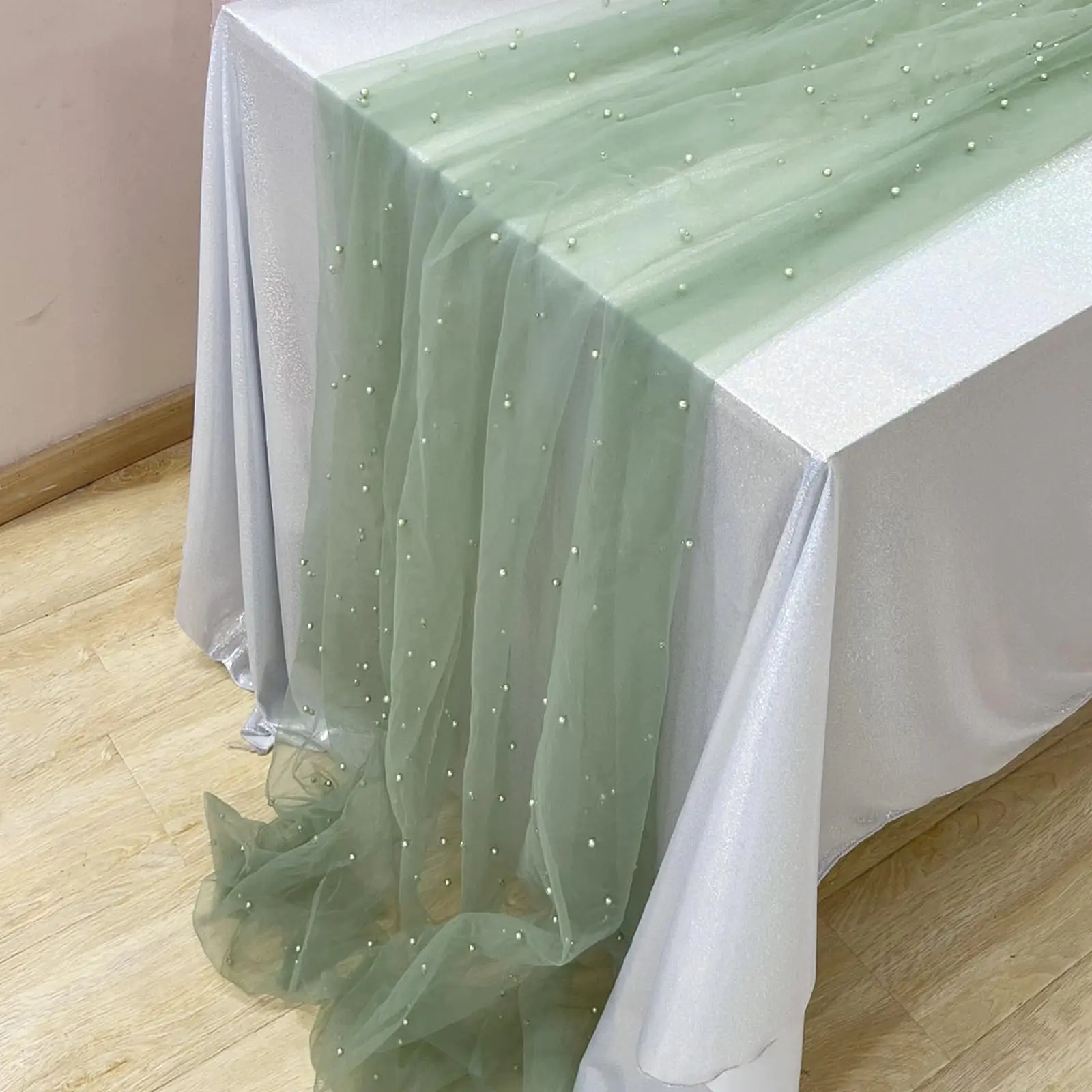 Pearl Tablecloth Bulk Table Runner Pearl Veil Lace Tulle Fabrics for Wedding Ceremony Party Reception Bridal Shower Decorations