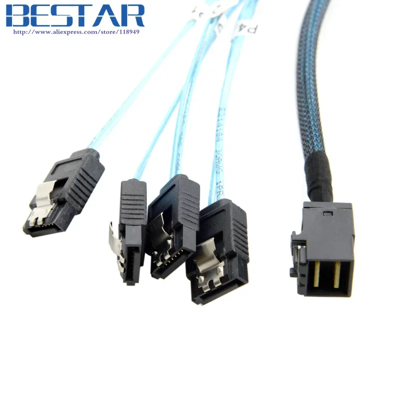 هدف داخلي صغير SAS SFF-8643 إلى 4 SATA 7pin قرص صلب مضيف 6 جيجابت في الثانية كابل غارة لخادم البيانات 50 سم