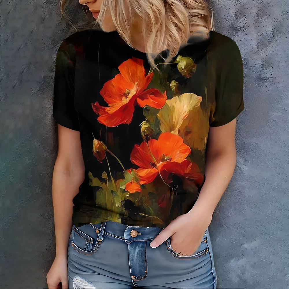 

Women's new fashionable and elegant short sleeved T-shirt summer women's noble retro flower 3D printed top T-shirt