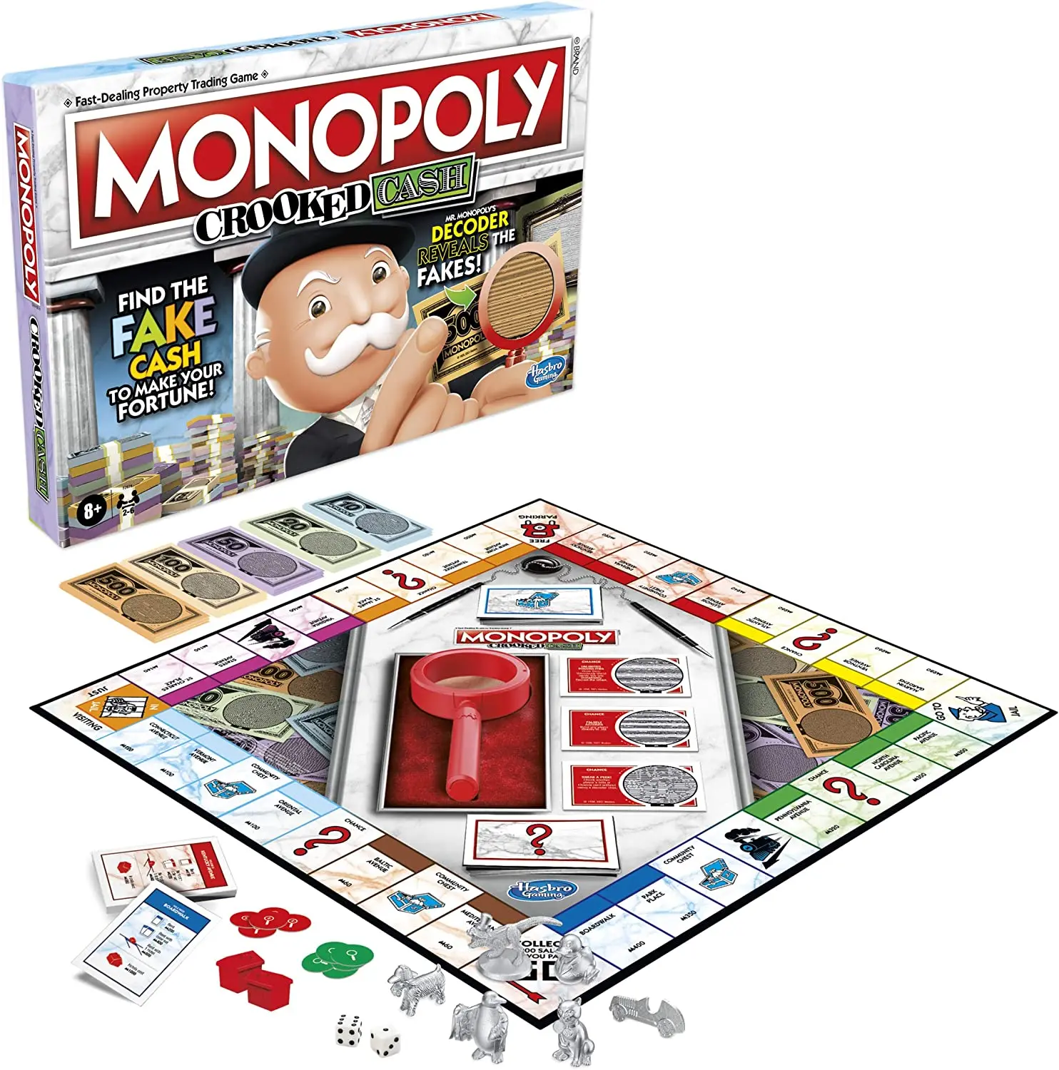 Hasbro MONOPOLY Crooked Cash Board Game for Families and Kids Ages 8 and Up, Includes Mr Decoder to Find Fakes F2674