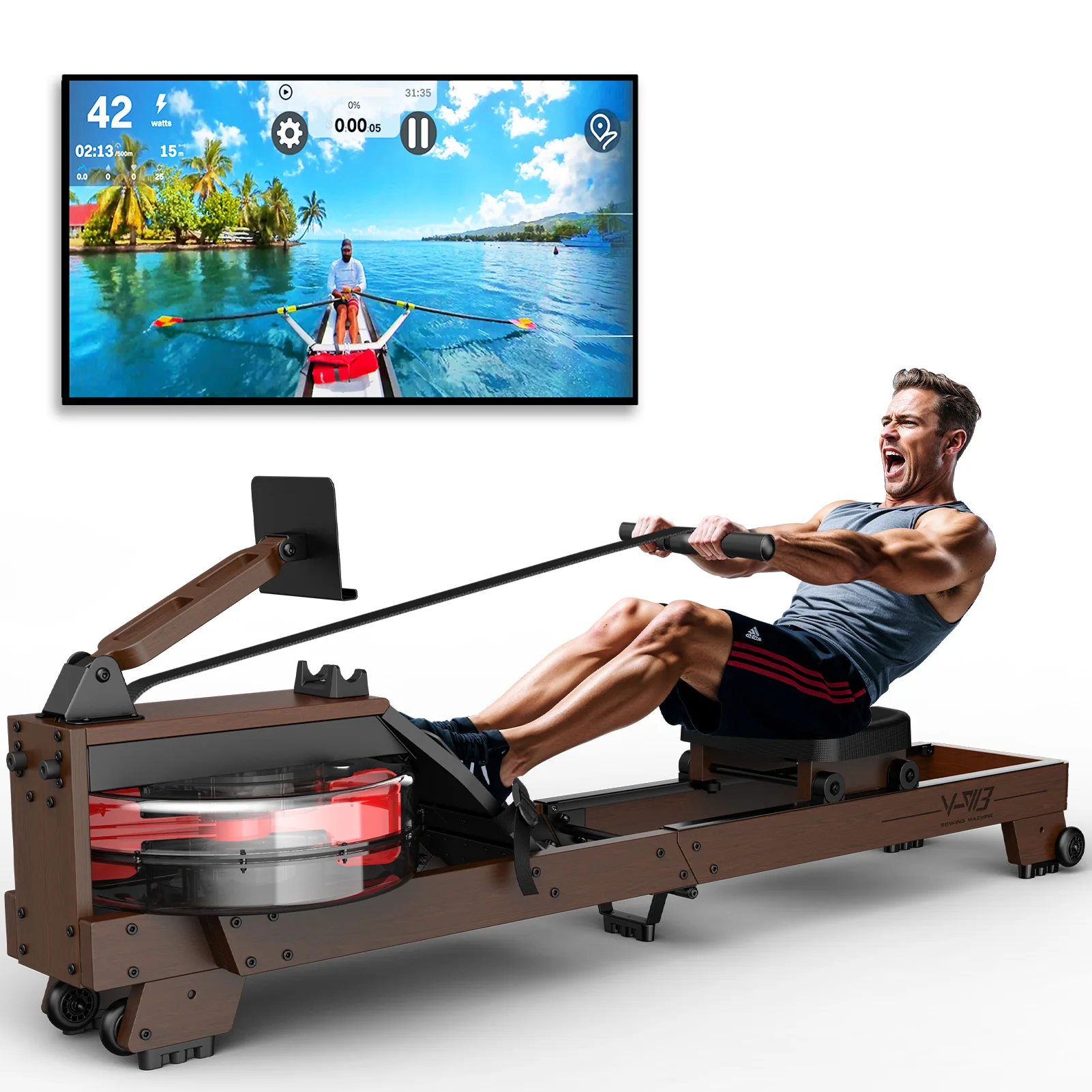 Appareil de rameur en bois à résistance à eau, pliable Appareil de rameur en bois à résistance à eau, pliable