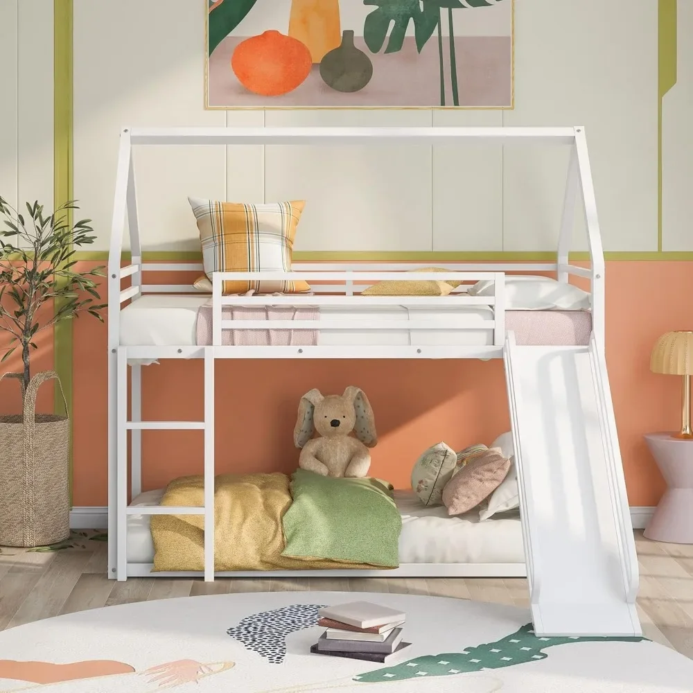 

Metal Junior House Twins Size House Bunk Bed Frame with Ladder&Roof for Boy Girl, Twin Over Twin Metal Floor Bunk Bed with Slide