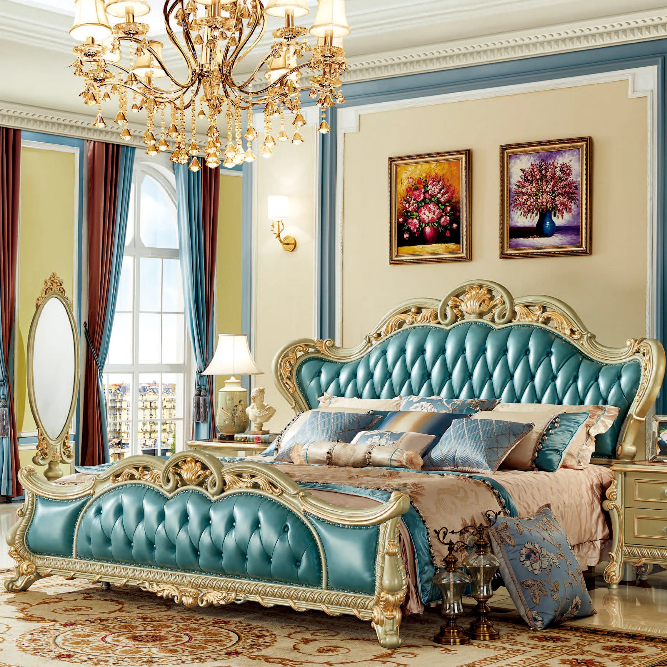 

Комплект мебели для спальни: двуспальная кровать King Size в европейском современном стиле, с французской классической резьбой по дереву и коже, для принцесс и свадеб