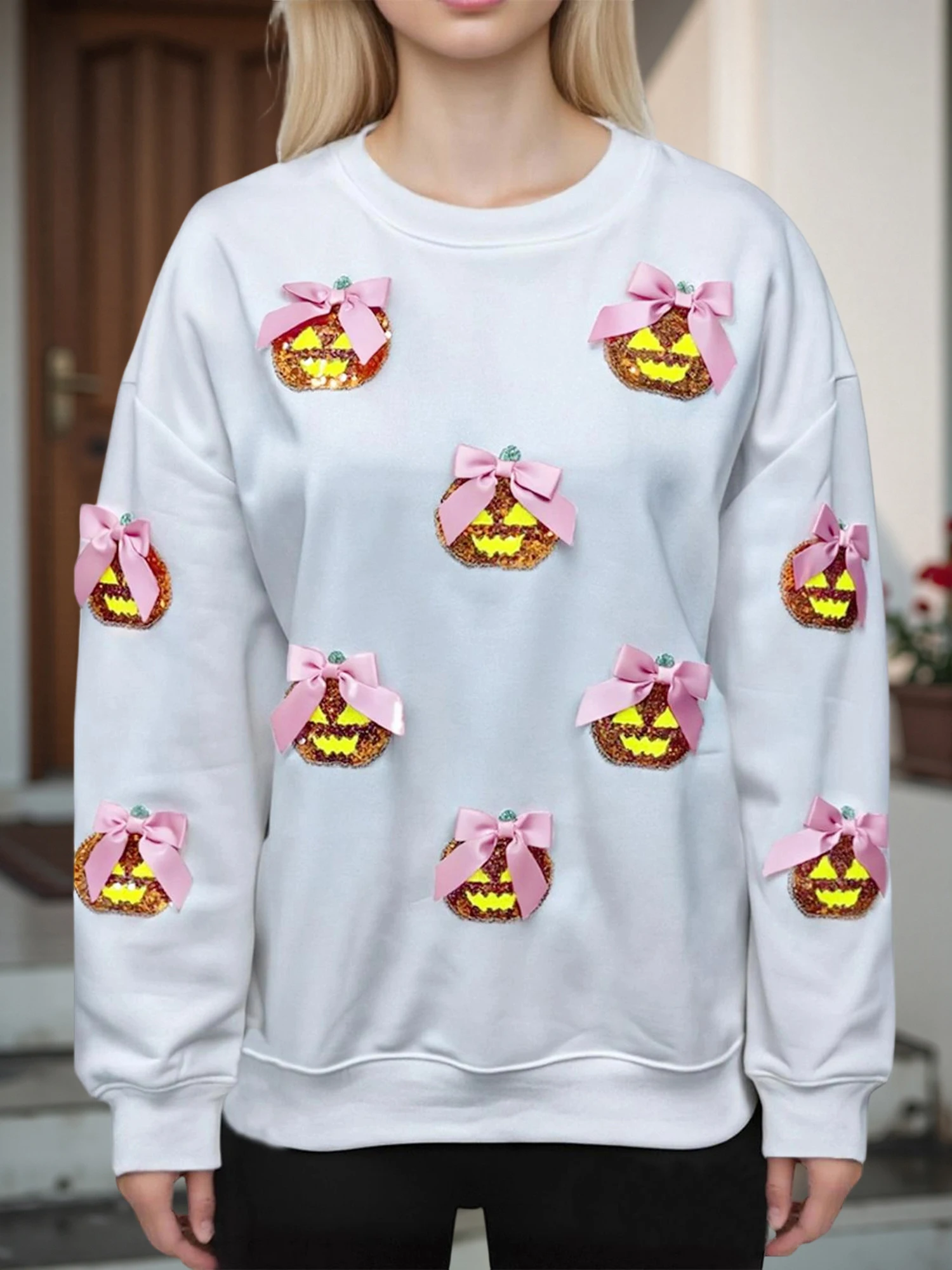 

Женская толстовка с капюшоном на Хэллоуин и длинным рукавом, пуловер с круглым вырезом и призрачным принтом, осенние топы для осенних праздников