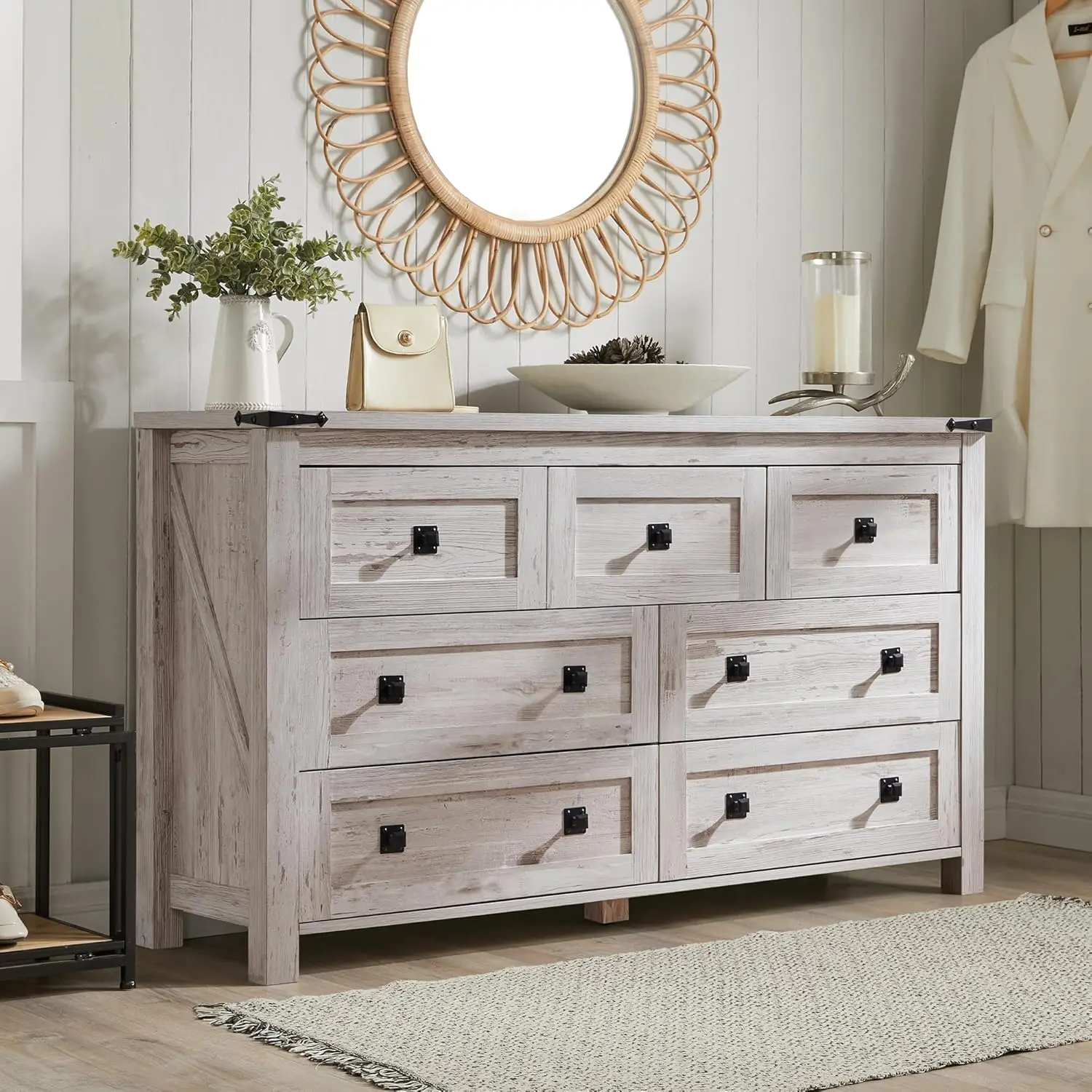 T4TREAM Farmhouse 7-drawer Bedroom Dressing Table, TV Desk, Storage Organizer for Bedroom, Living Room, and Corridor