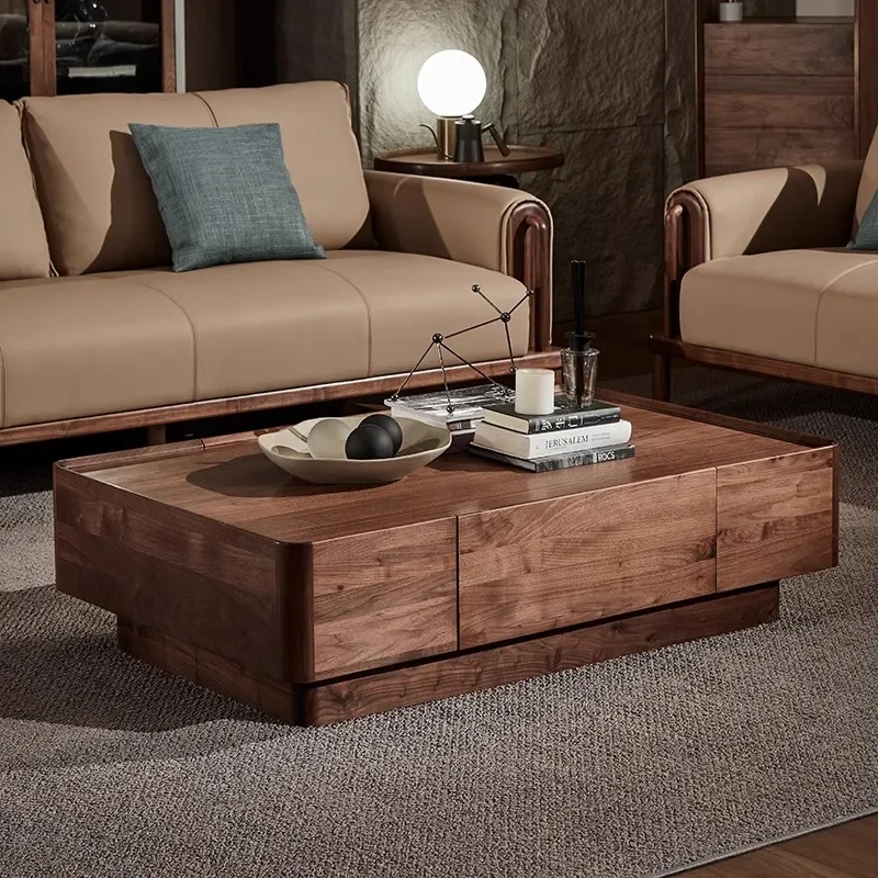 

Black walnut solid wood coffee table modern small apartment household living room simple rectangular drawer coffee table log