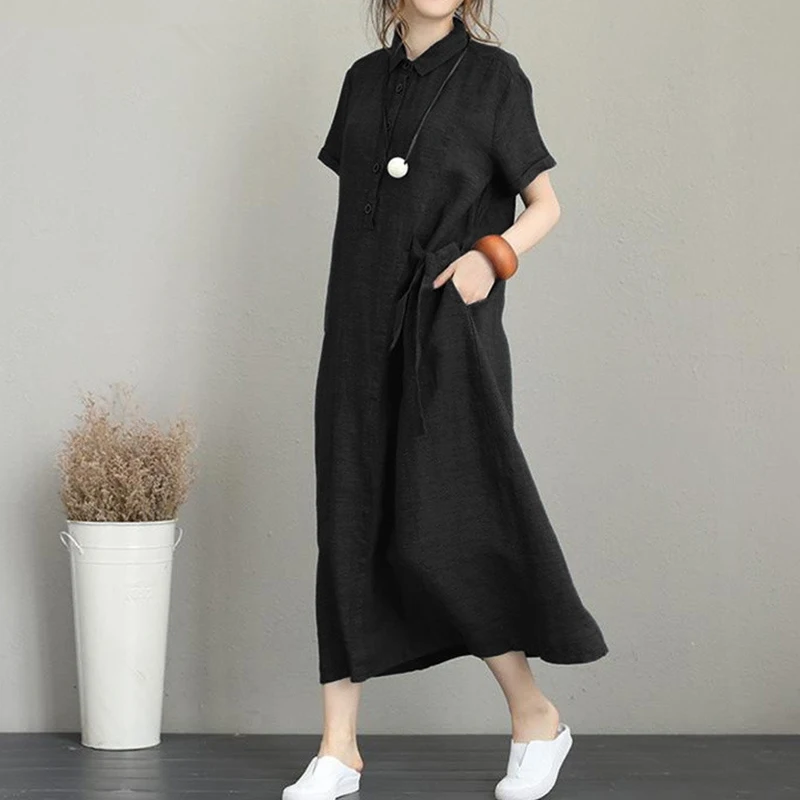 2023 Women New Summer Cotton Linen Lapel Pockets Loose Casual Vintage Dresses Short Sleeve Oversized Long Dress