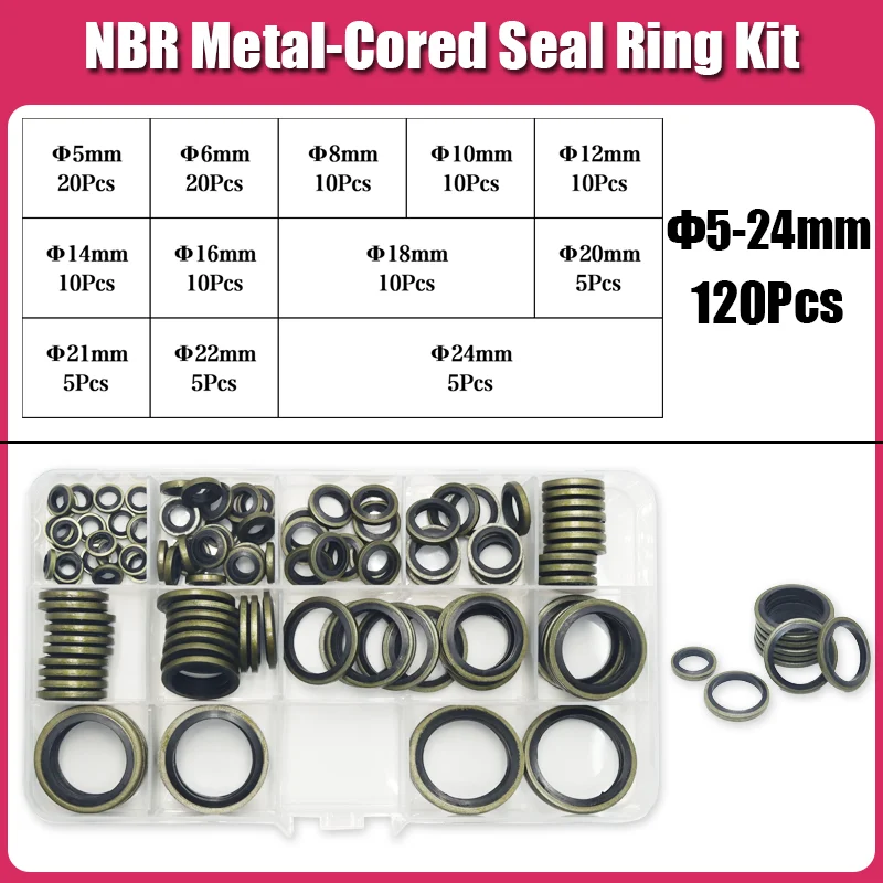 120/100 Stück gebundenes Dichtungsring-Set, Metall, Gummi, Ablaufschraube, Sanitärdichtung, ölbeständig, kombinierte Hochtemperatur-Dichtungsscheibe – Detail 9