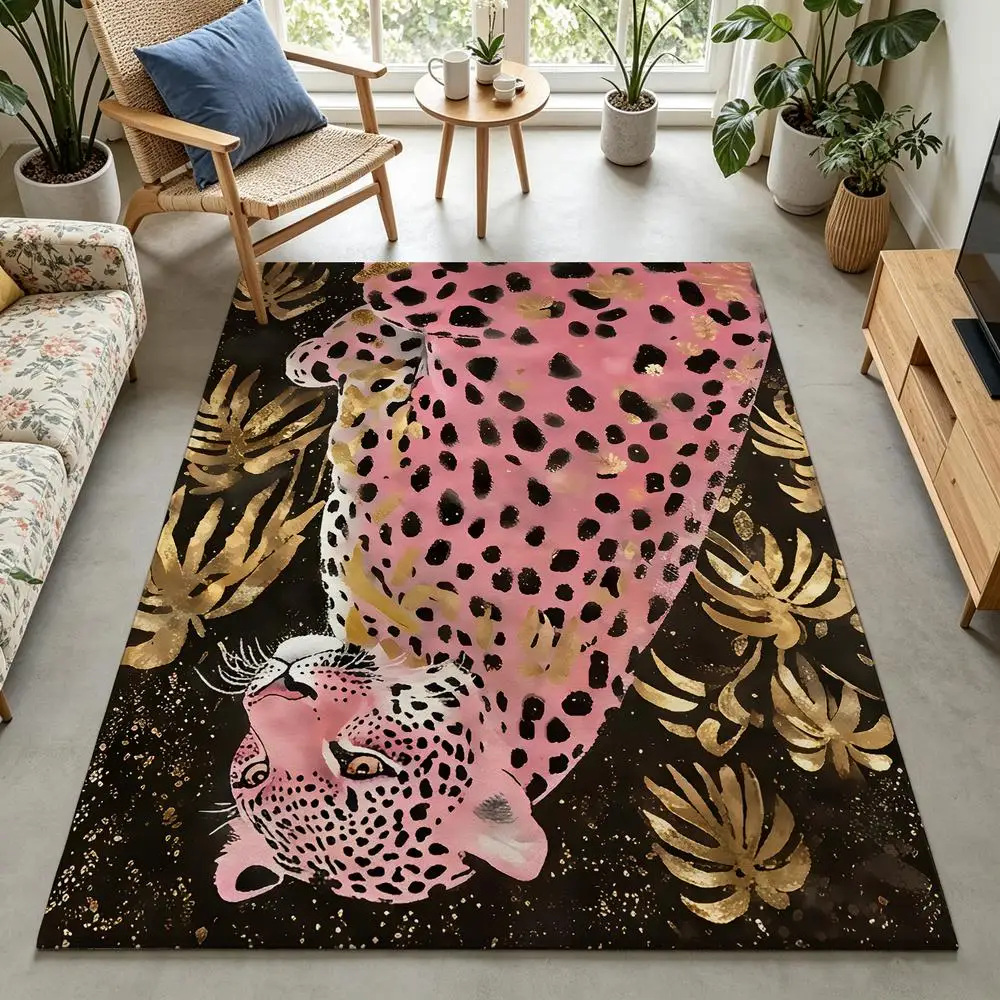 2D 1-piece soft, comfortable, easy to care, machine washable indoor rug with Pink Leopard & Gold Foliage style, suitable for under dining table, living room, bedroom, entryway, hallway, office, rustic home decor for various interior spaces