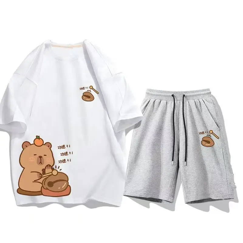 

Комплект Kapibara Capybara, летний повседневный трендовый молодежный свободный спортивный комплект с короткими рукавами и пятью точками